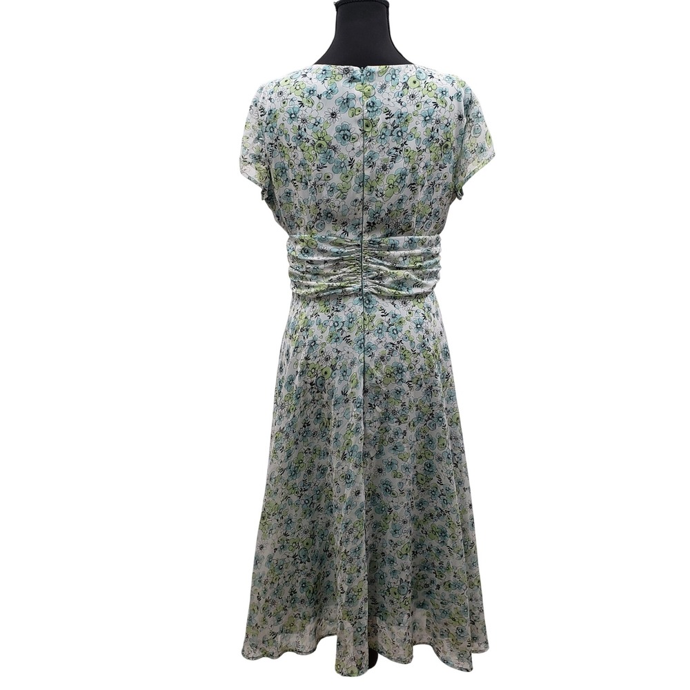 Dressbarn Floral Faux Wrap Midi Dress Size 10 Green Blue Ruched Chiffon Cottage - Picture 2 of 8